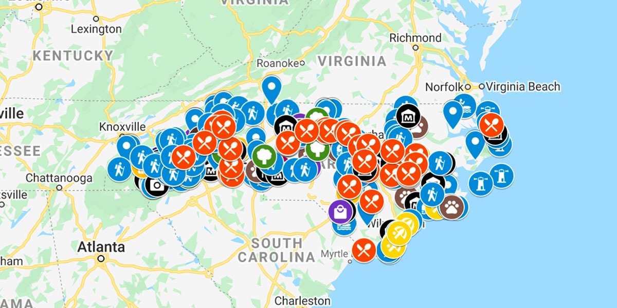 North Carolina Travel Map with 200+ NC Attractions!