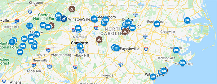 North Carolina Travel Map with 1000 Great Places Included