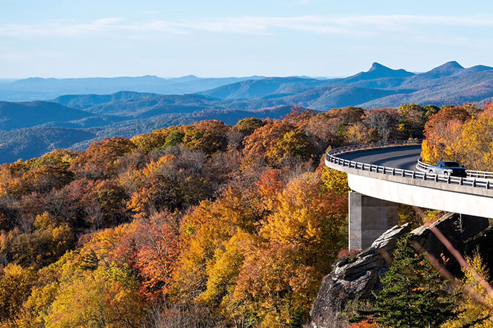 A truck driving along the Blue Ridge Parkway in North Carolina
