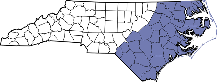 Map of North Carolina highlighting Eastern North Carolina