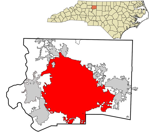 Winston Salem NC Forsyth County Map Rcsprinter123 CC BY 3.0 via Wikimedia Commons
